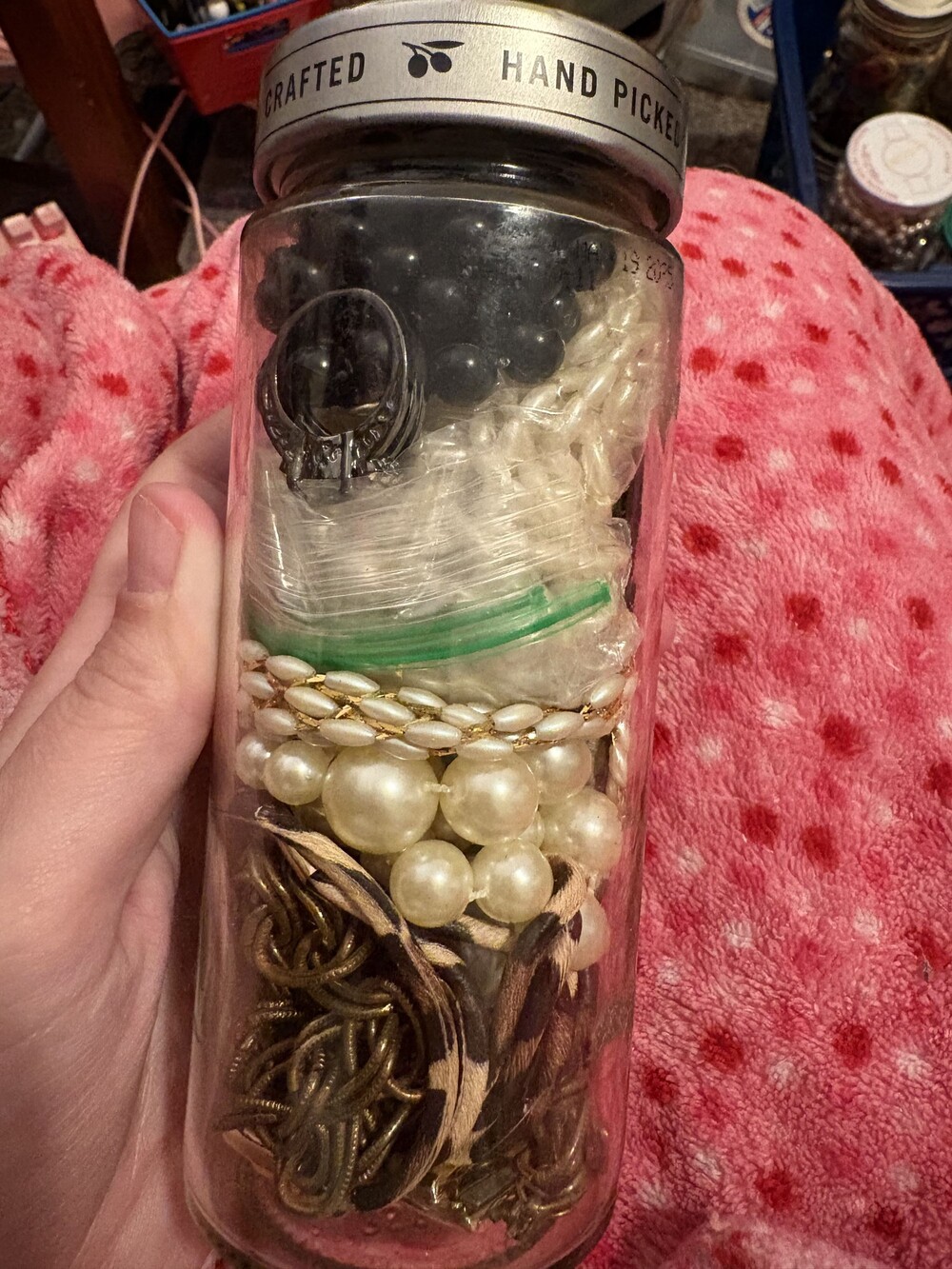 Hand Crafted Hand Picked Costume Jewelry Glass Jar Assorted Jewelry Lot